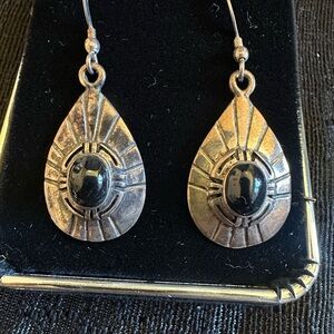 Vintage Native American Sterling Silver & Onyx Teardrop & Disc Dangle Earrings
